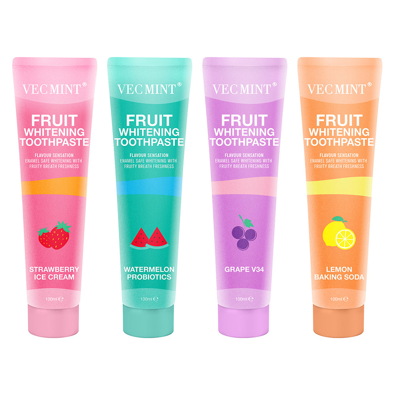 Vecmint 100ml Frutta - Set di dentifrici sbiancanti aromatizzati - 4 deliziosi sapori, smalto - sbiancante sicuro e freschezza fruttata