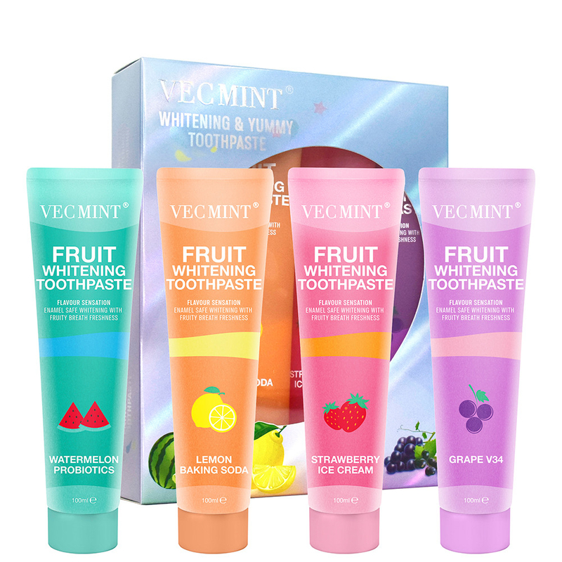 Vecmint 100ml Frutta - Set di dentifrici sbiancanti aromatizzati - 4 deliziosi sapori, smalto - sbiancante sicuro e freschezza fruttata