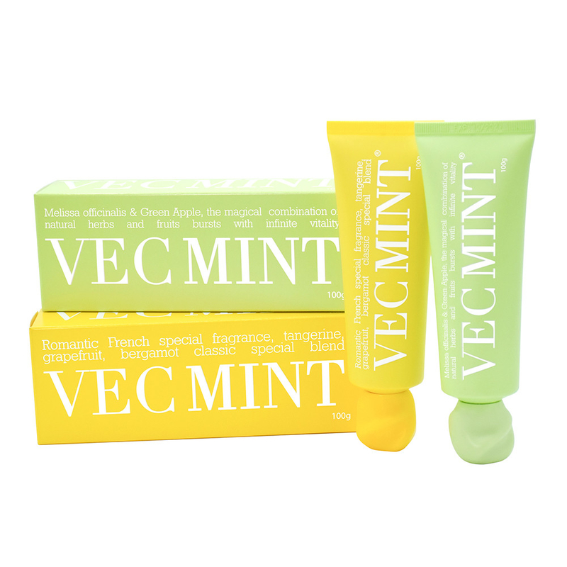 100 g di dentifricio VECMINT: profumo di pompelmo, bergamota e mandarino.